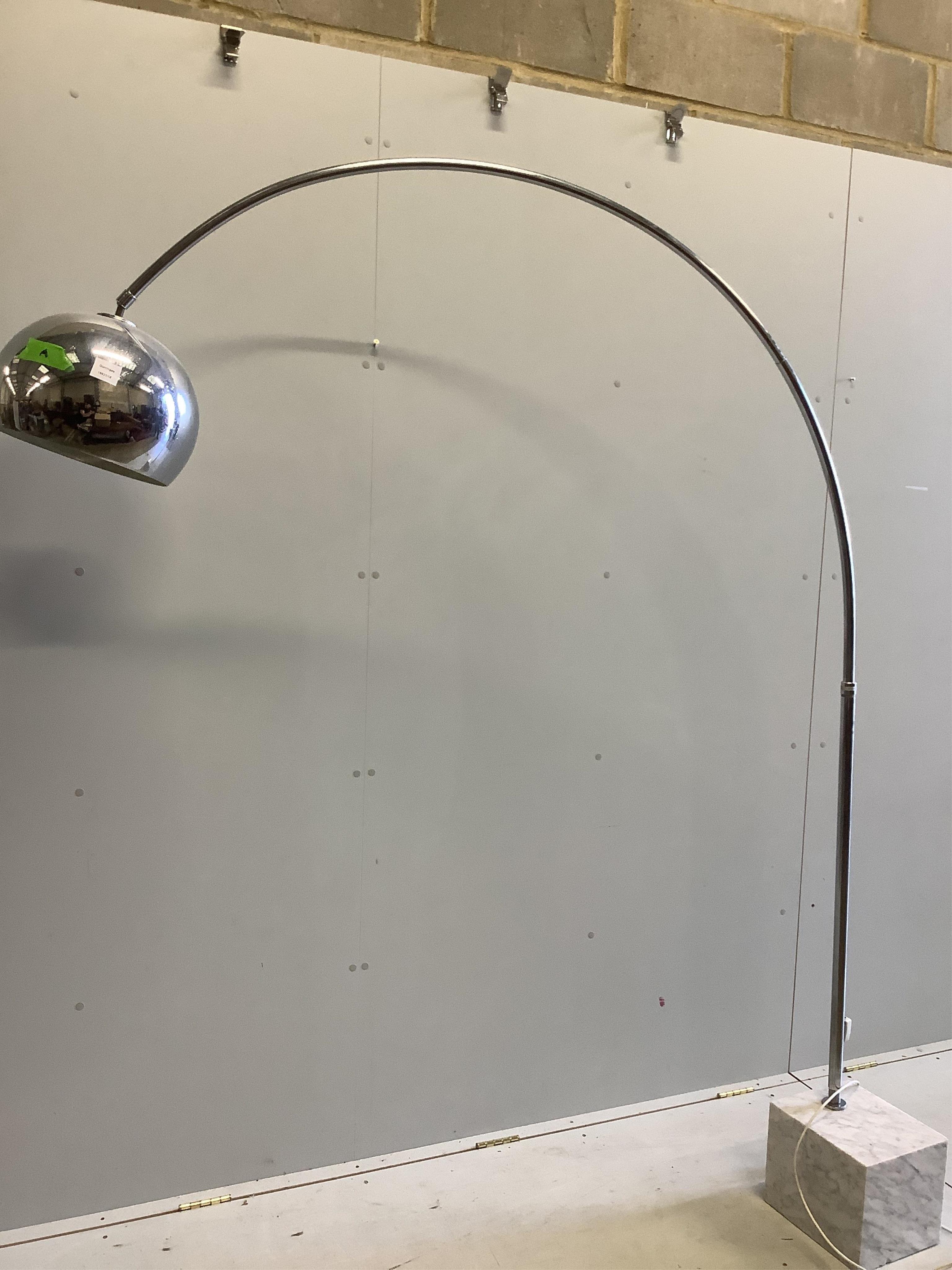 A 1970’s marble based chrome arc lamp, height 206cm. Condition - fair